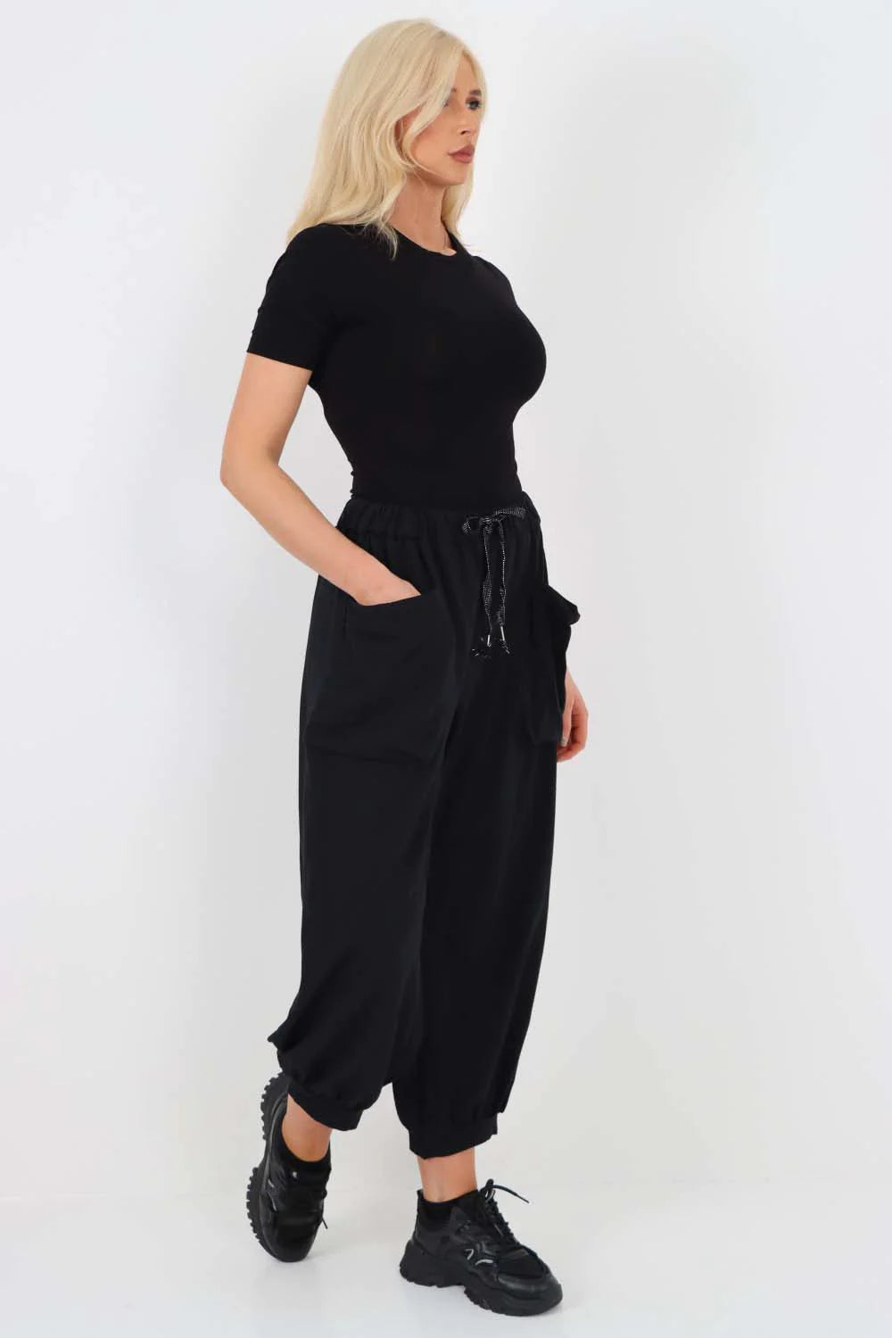 Italian Drawstring Cotton Harem Trousers With Side Pockets - Black