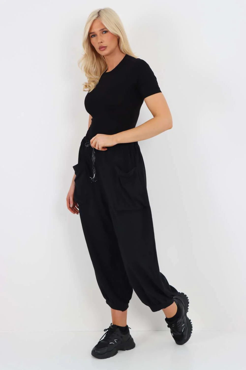 Italian Drawstring Cotton Harem Trousers With Side Pockets - Black