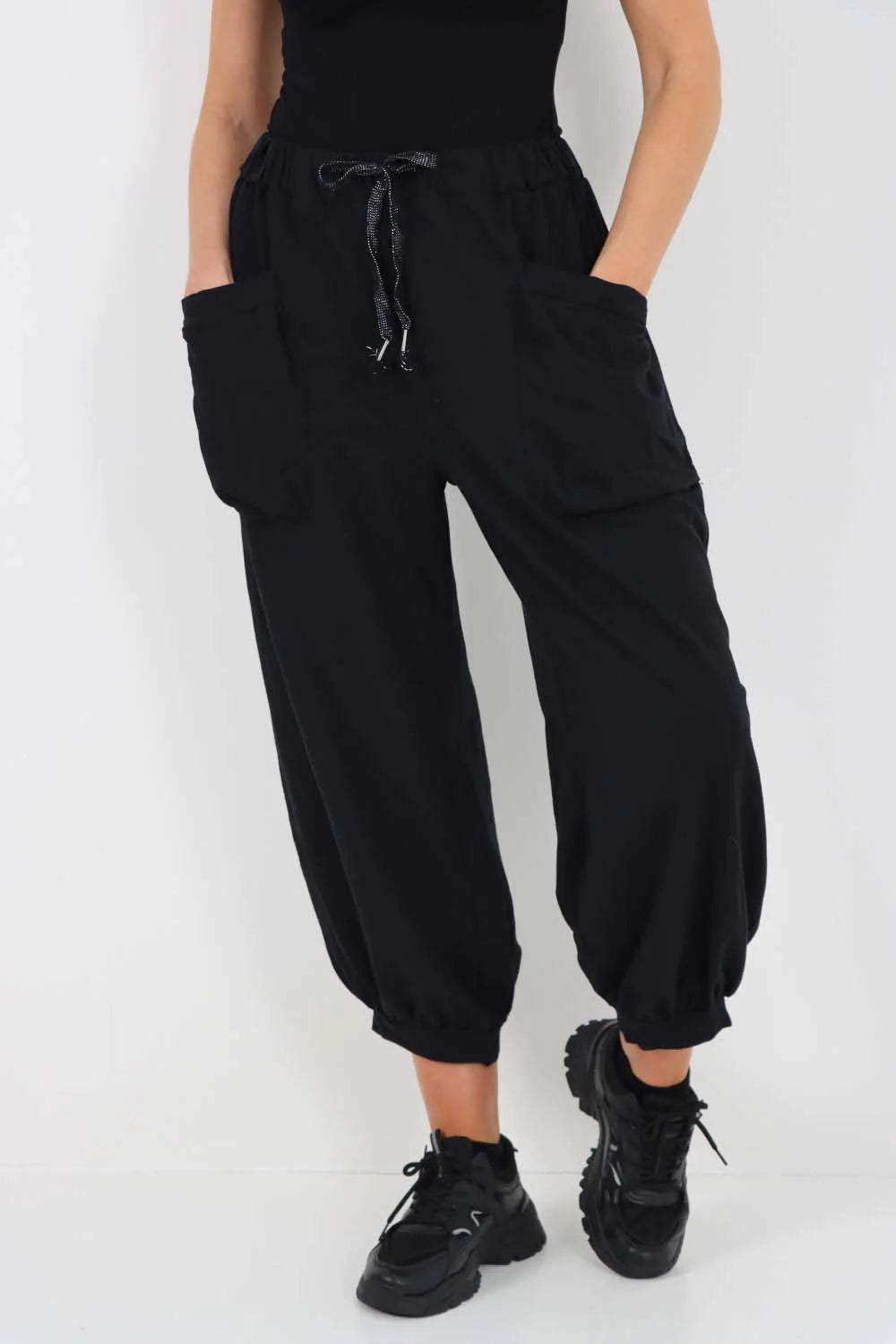 Italian Drawstring Cotton Harem Trousers With Side Pockets - Black