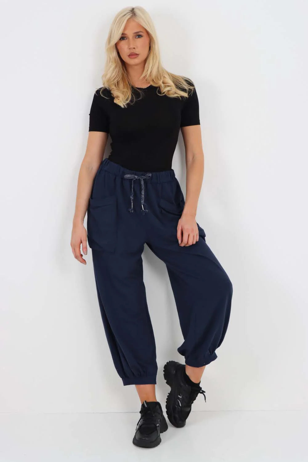 Italian Drawstring Cotton Harem Trousers With Side Pockets - Blue