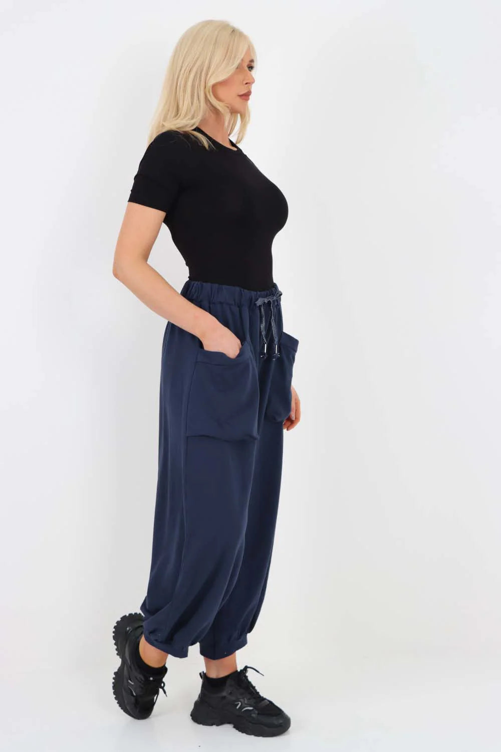 Italian Drawstring Cotton Harem Trousers With Side Pockets - Blue