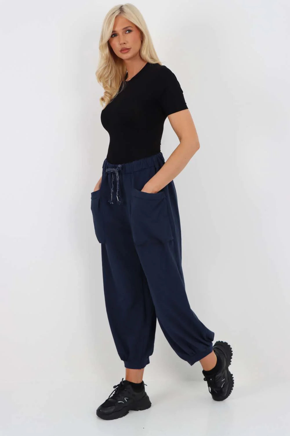 Italian Drawstring Cotton Harem Trousers With Side Pockets - Blue