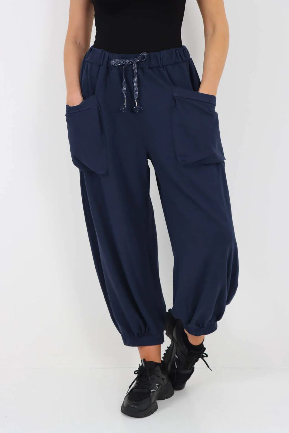 Italian Drawstring Cotton Harem Trousers With Side Pockets - Blue