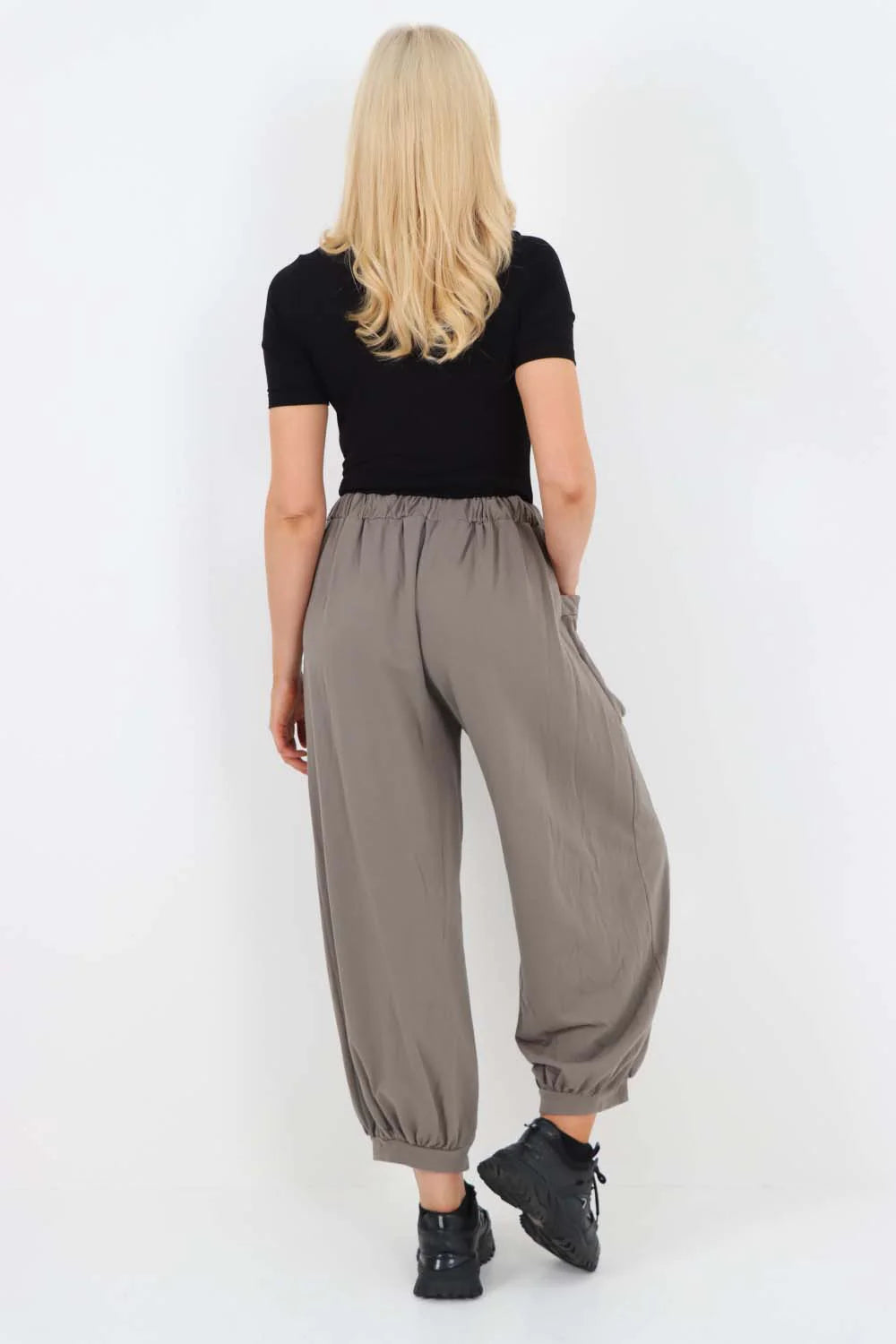 Italian Drawstring Cotton Harem Trousers With Side Pockets - Charcoal