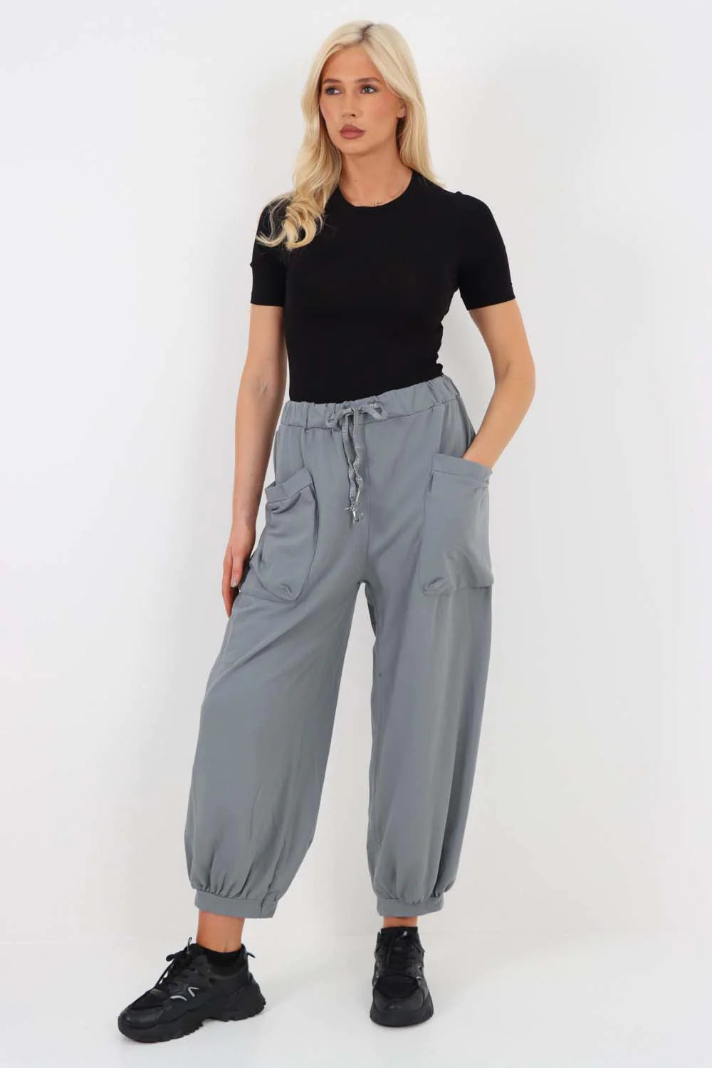 Italian Drawstring Cotton Harem Trousers With Side Pockets - Dark Grey