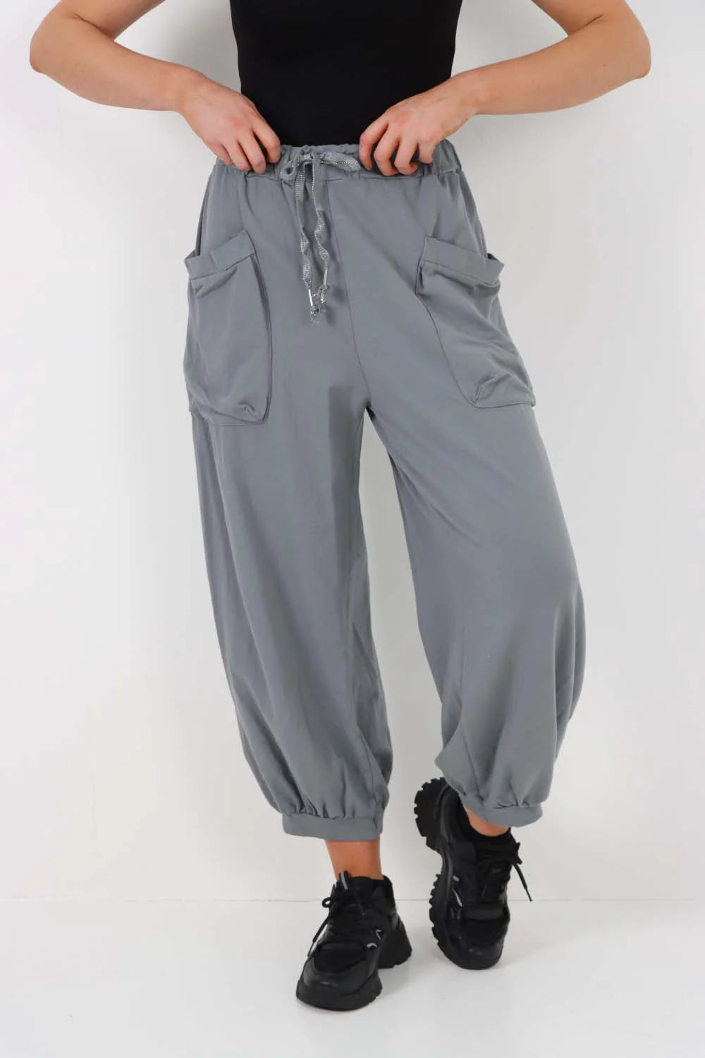 Italian Drawstring Cotton Harem Trousers With Side Pockets - Dark Grey