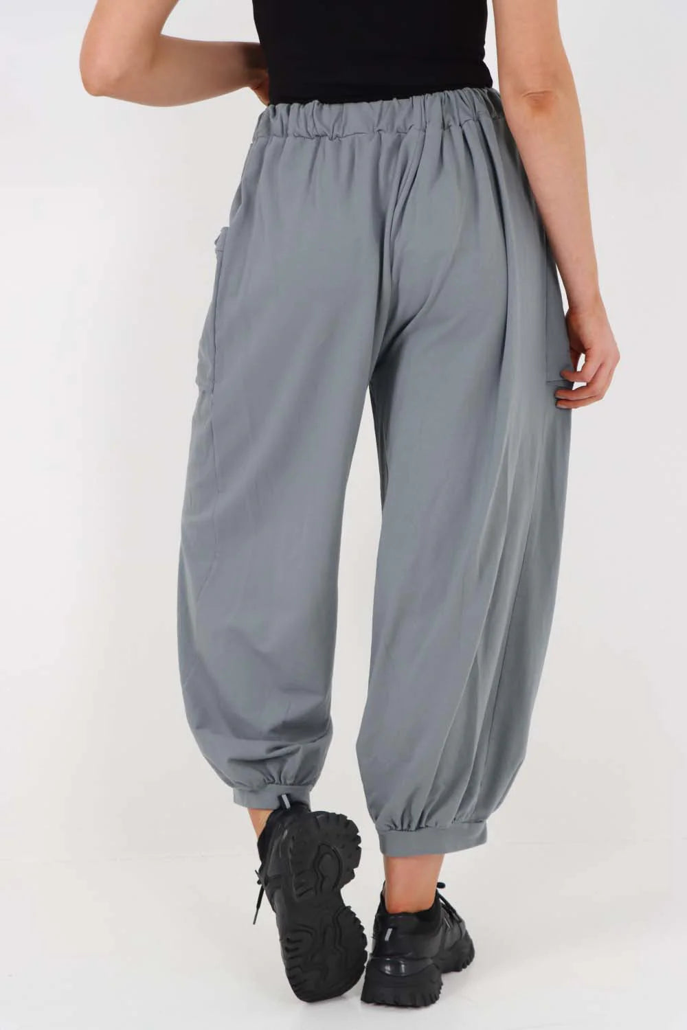 Italian Drawstring Cotton Harem Trousers With Side Pockets - Dark Grey