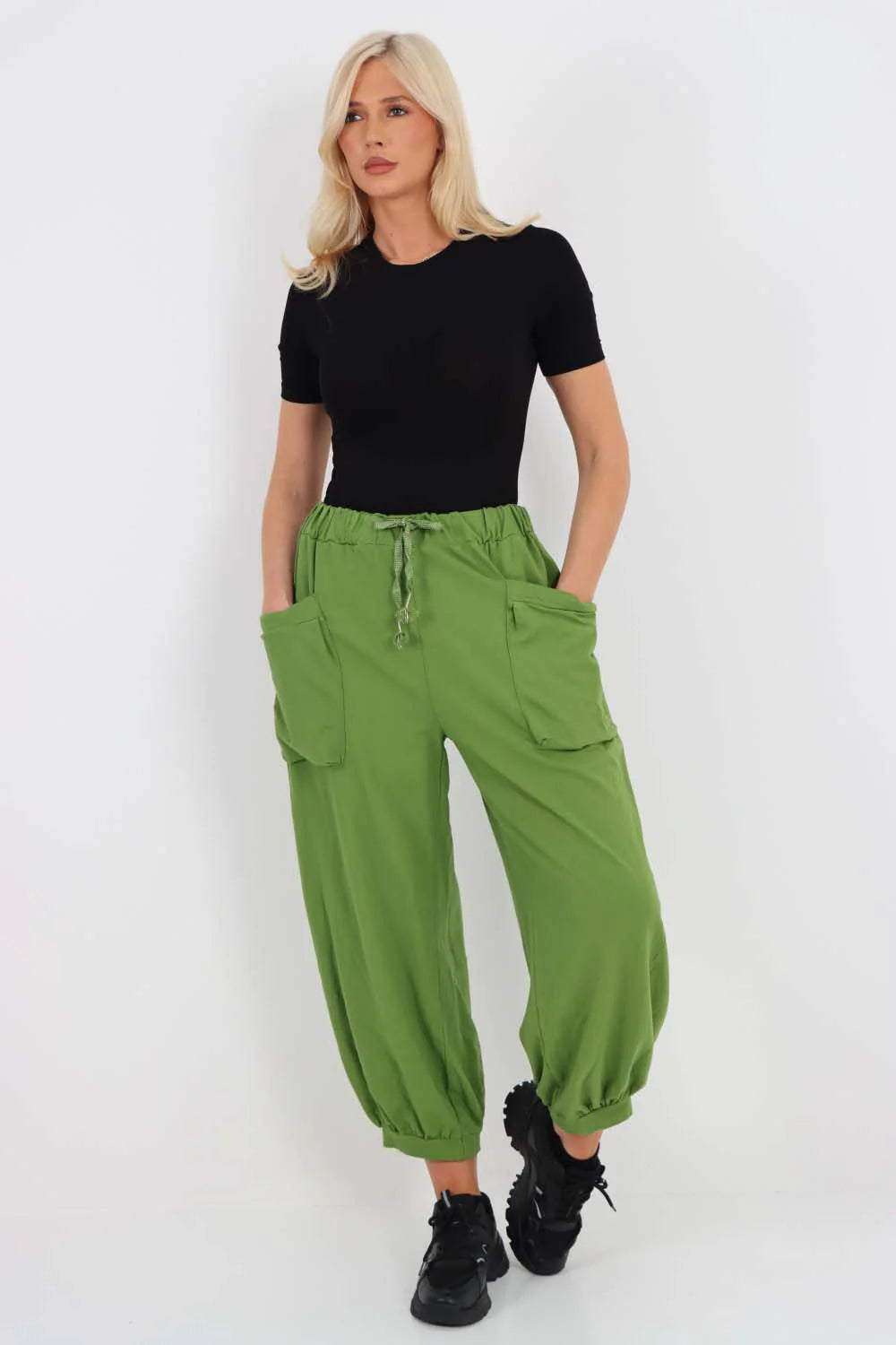 Italian Drawstring Cotton Harem Trousers With Side Pockets - Green