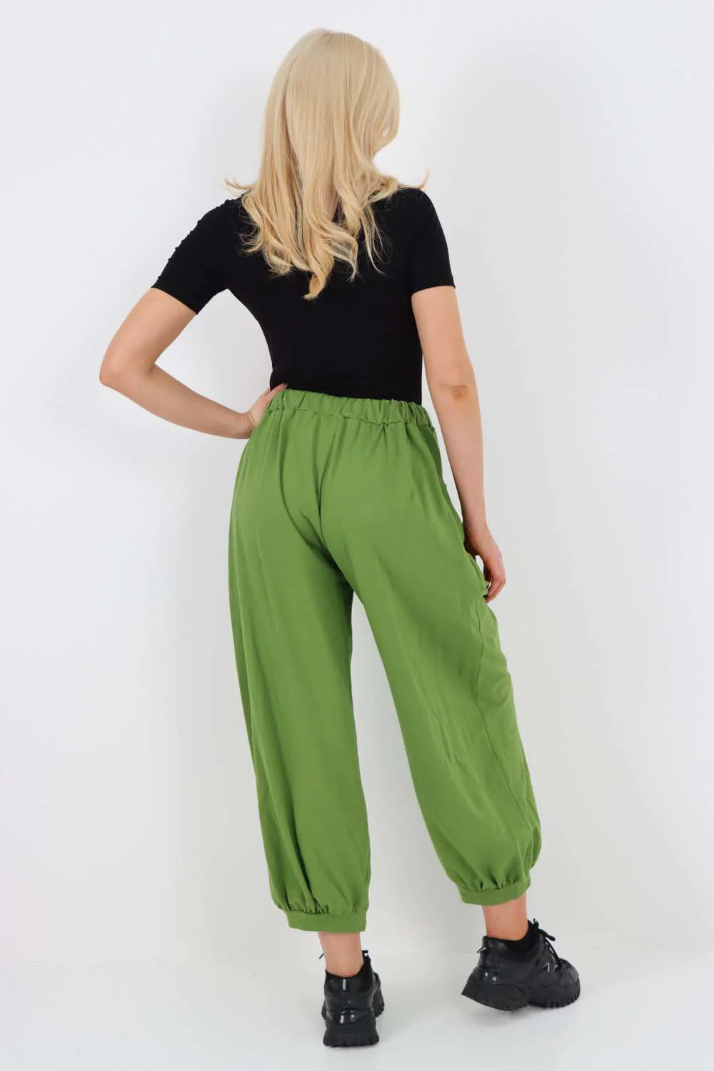 Italian Drawstring Cotton Harem Trousers With Side Pockets - Green