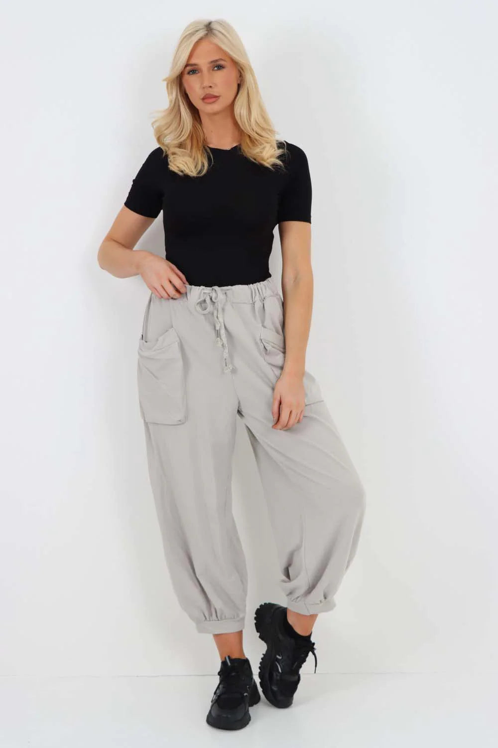 Italian Drawstring Cotton Harem Trousers With Side Pockets - Grey