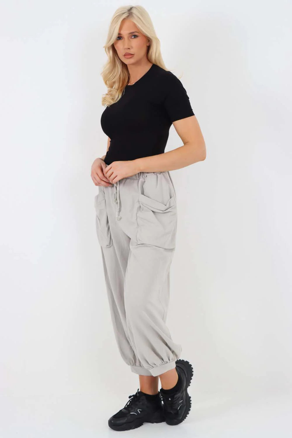 Italian Drawstring Cotton Harem Trousers With Side Pockets - Grey