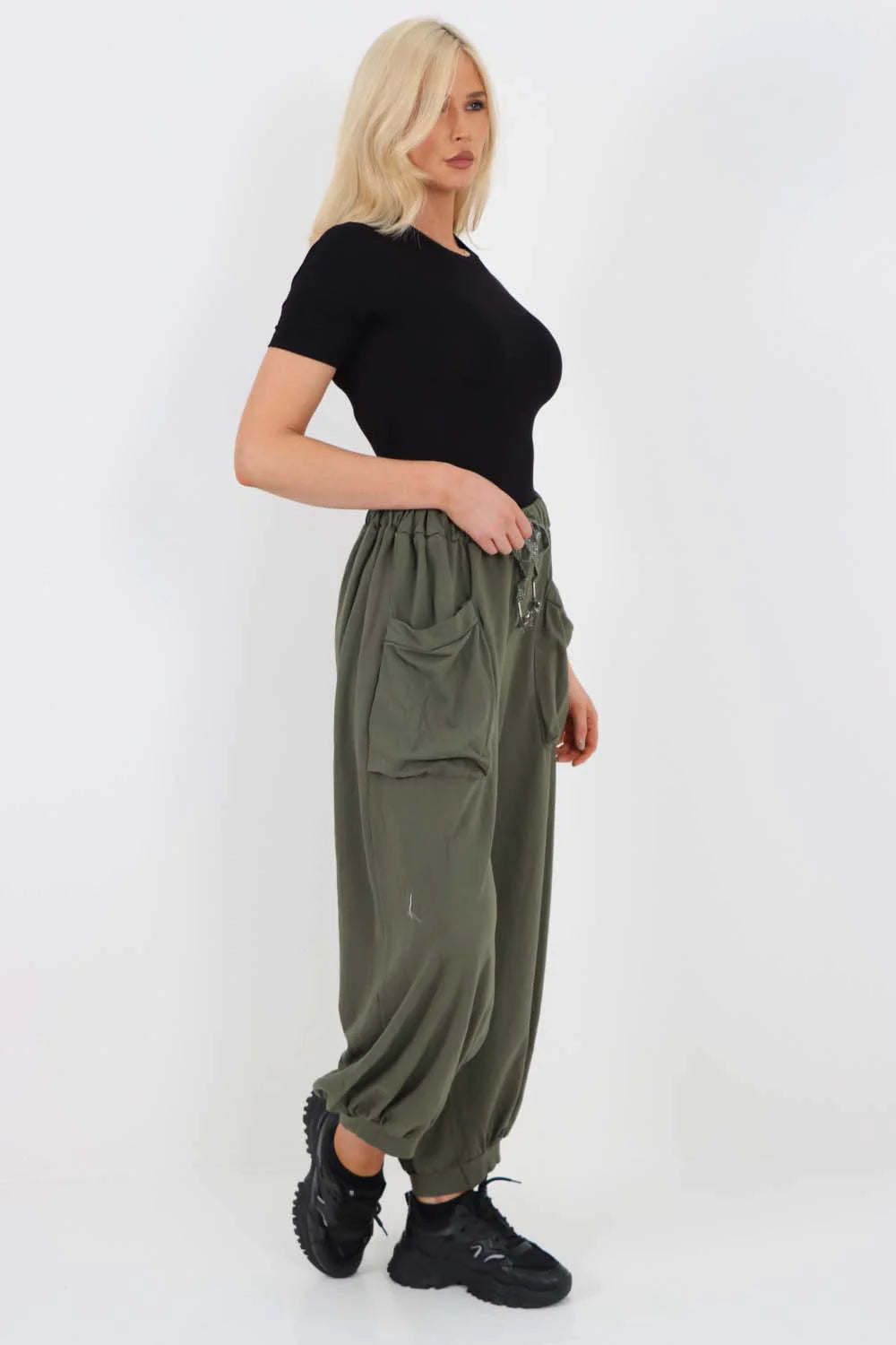 Italian Drawstring Cotton Harem Trousers With Side Pockets - Khaki