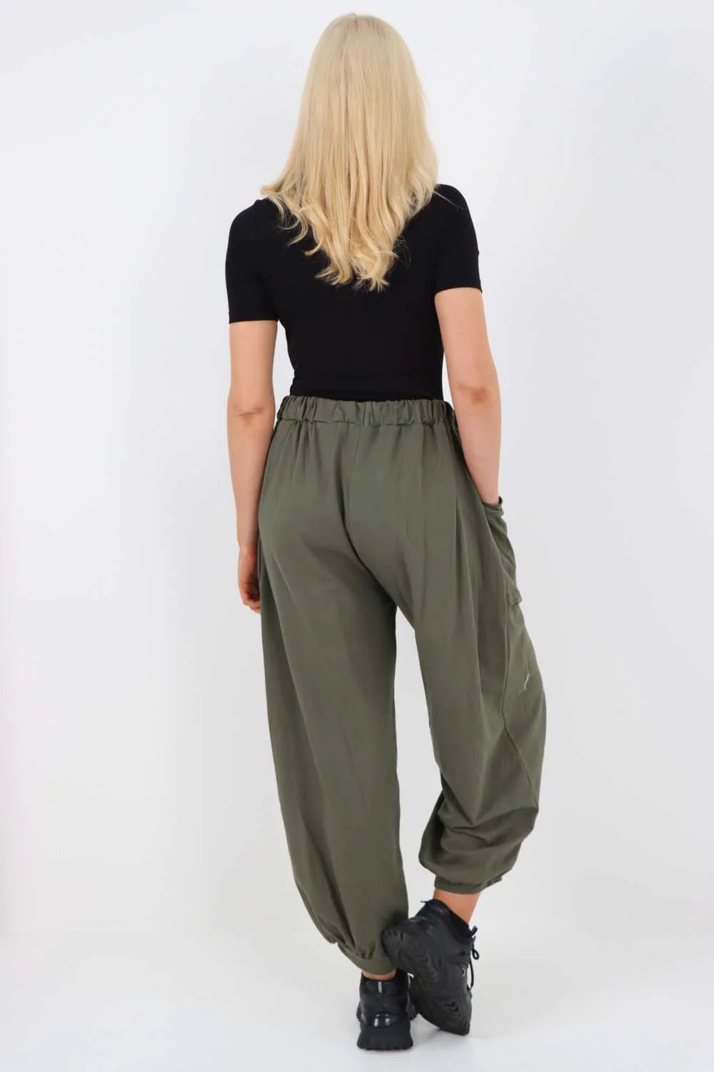 Italian Drawstring Cotton Harem Trousers With Side Pockets - Khaki