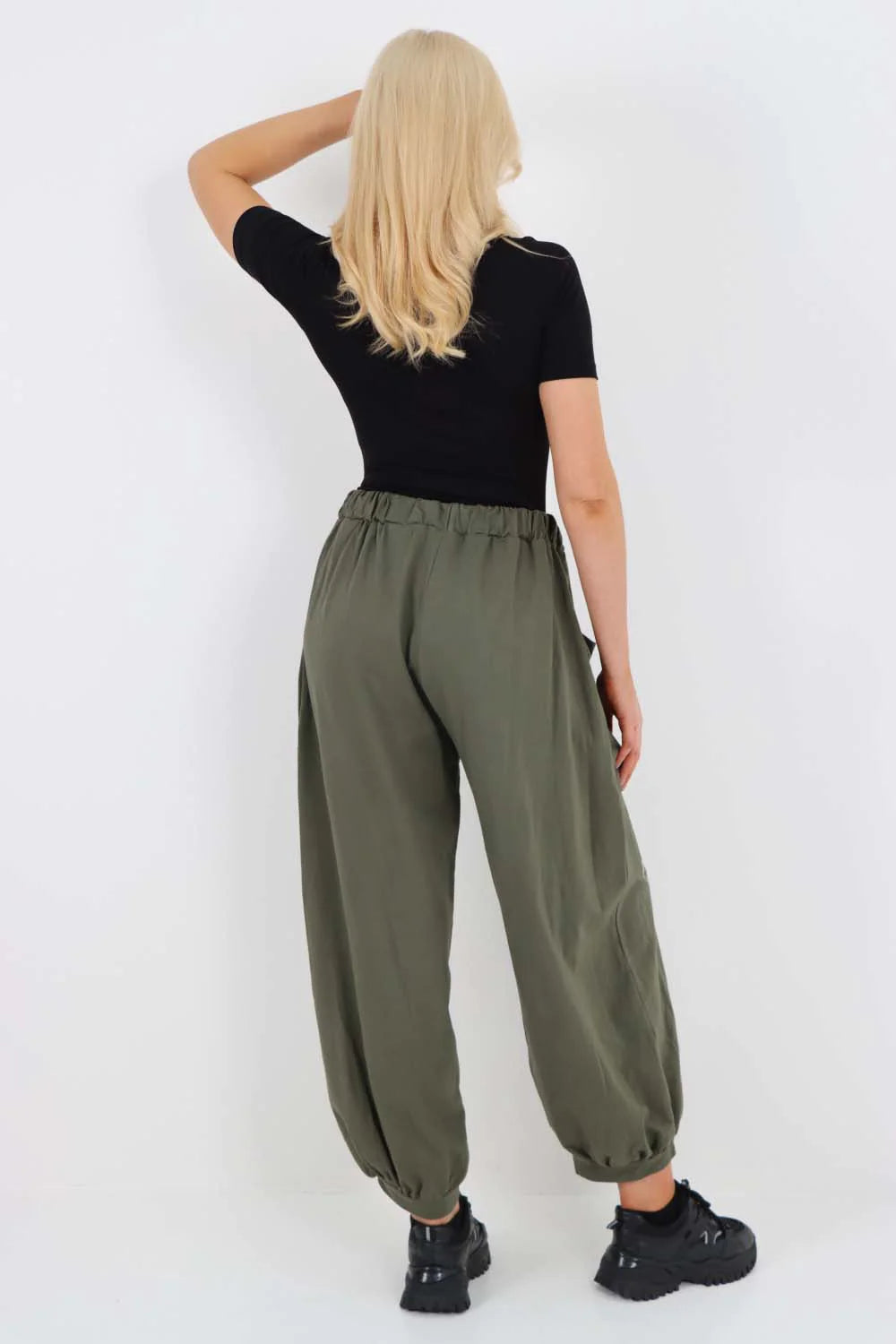 Italian Drawstring Cotton Harem Trousers With Side Pockets - Khaki