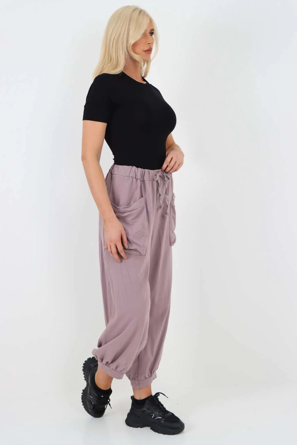 Italian Drawstring Cotton Harem Trousers With Side Pockets - Lilac