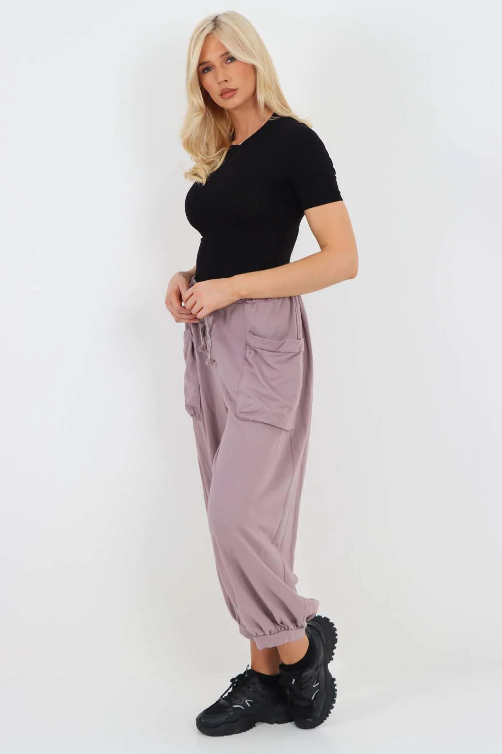 Italian Drawstring Cotton Harem Trousers With Side Pockets - Lilac