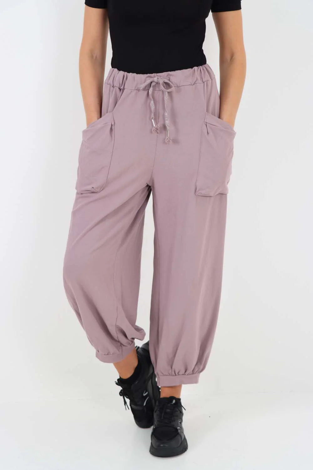 Italian Drawstring Cotton Harem Trousers With Side Pockets - Lilac