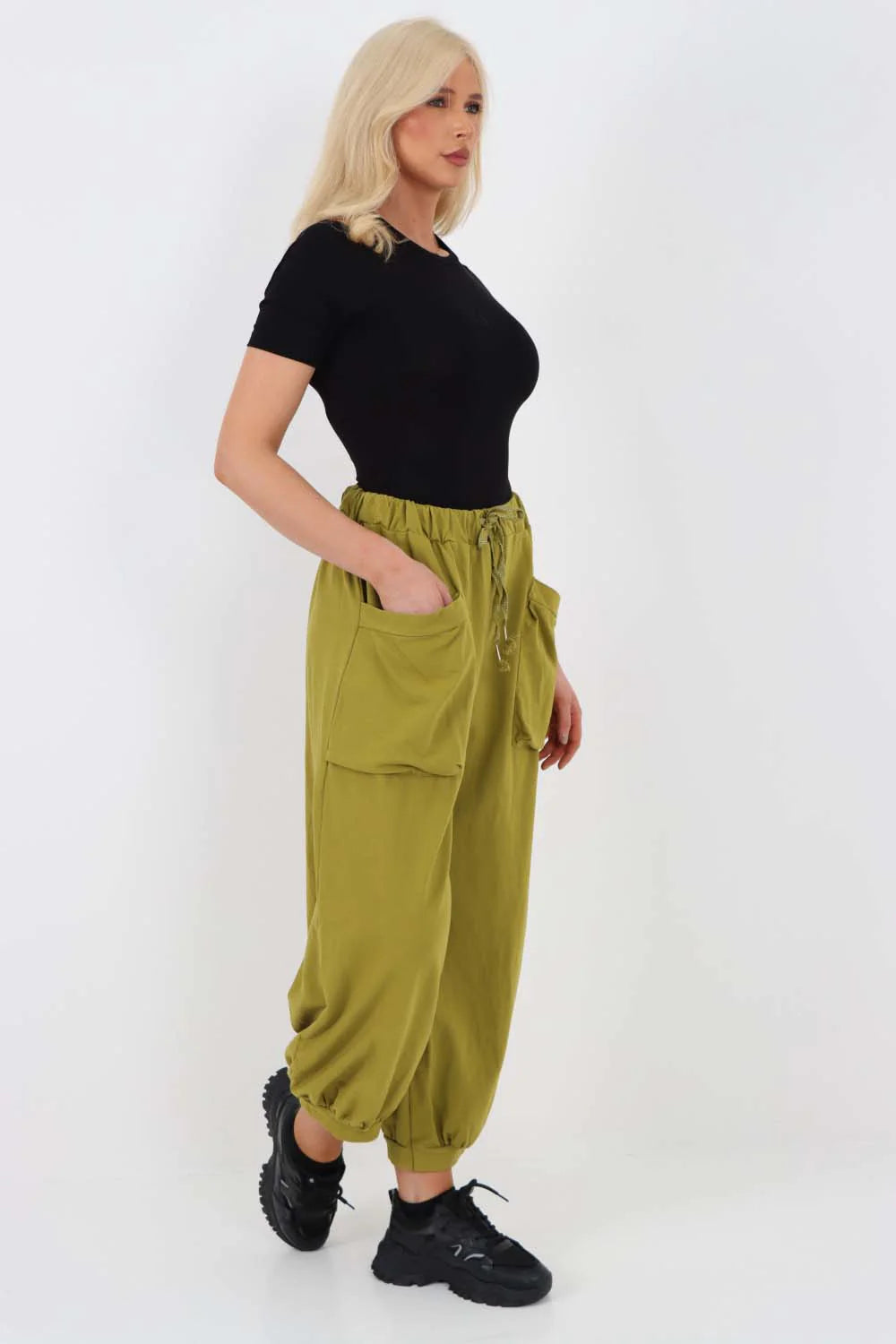 Italian Drawstring Cotton Harem Trousers With Side Pockets - Lime Green