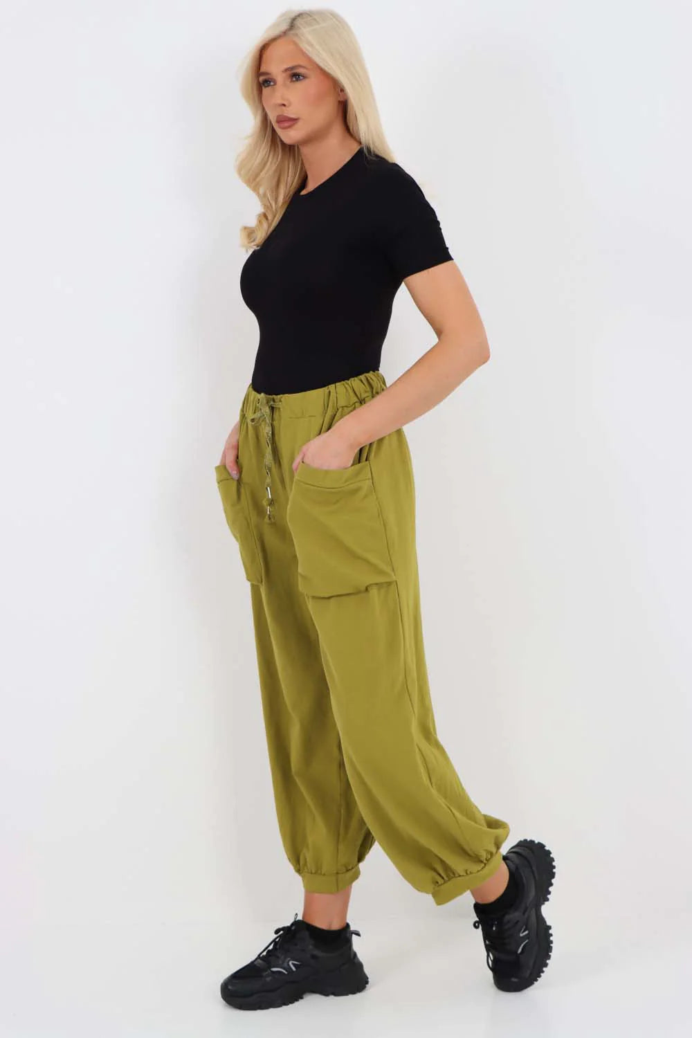 Italian Drawstring Cotton Harem Trousers With Side Pockets - Lime Green