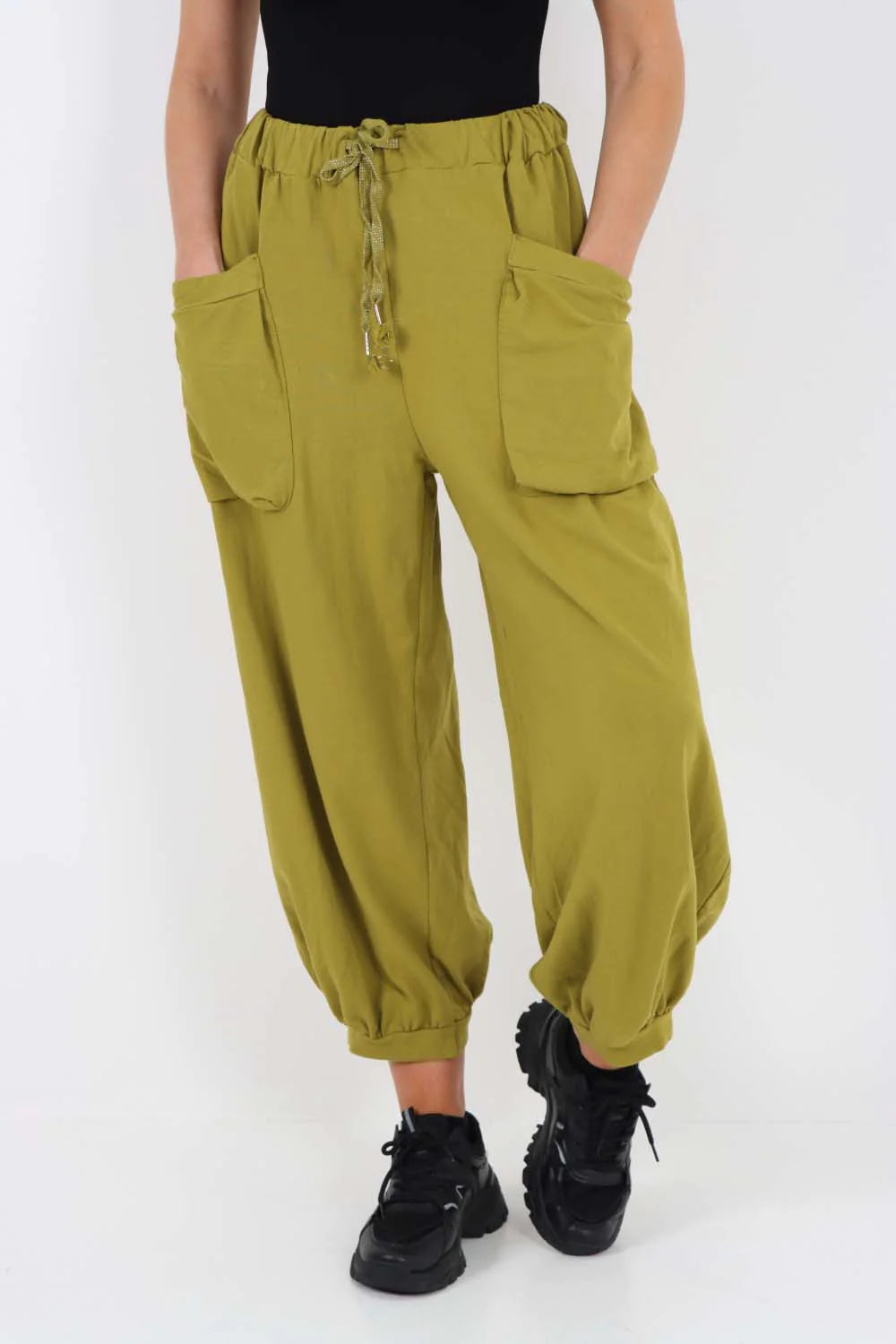 Italian Drawstring Cotton Harem Trousers With Side Pockets - Lime Green