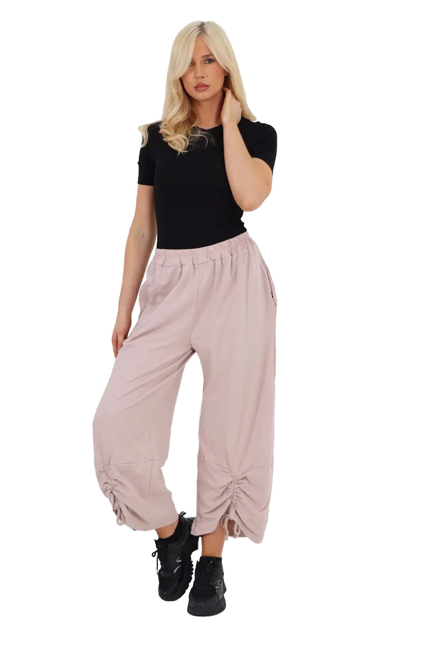 Italian Drawstring Hem Cotton Trousers With Side Pockets - Baby Pink