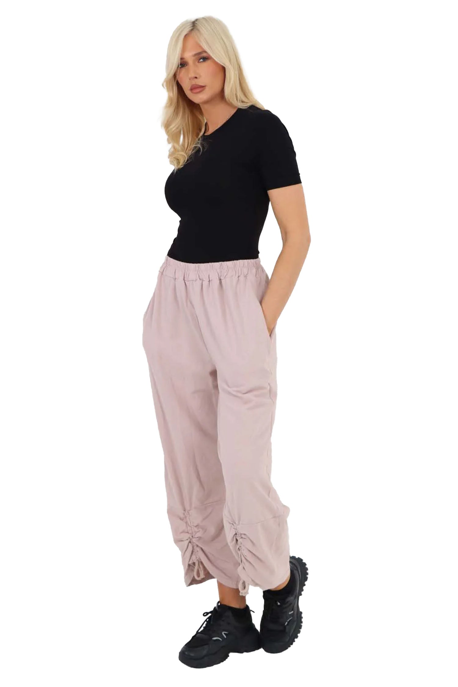 Italian Drawstring Hem Cotton Trousers With Side Pockets - Baby Pink