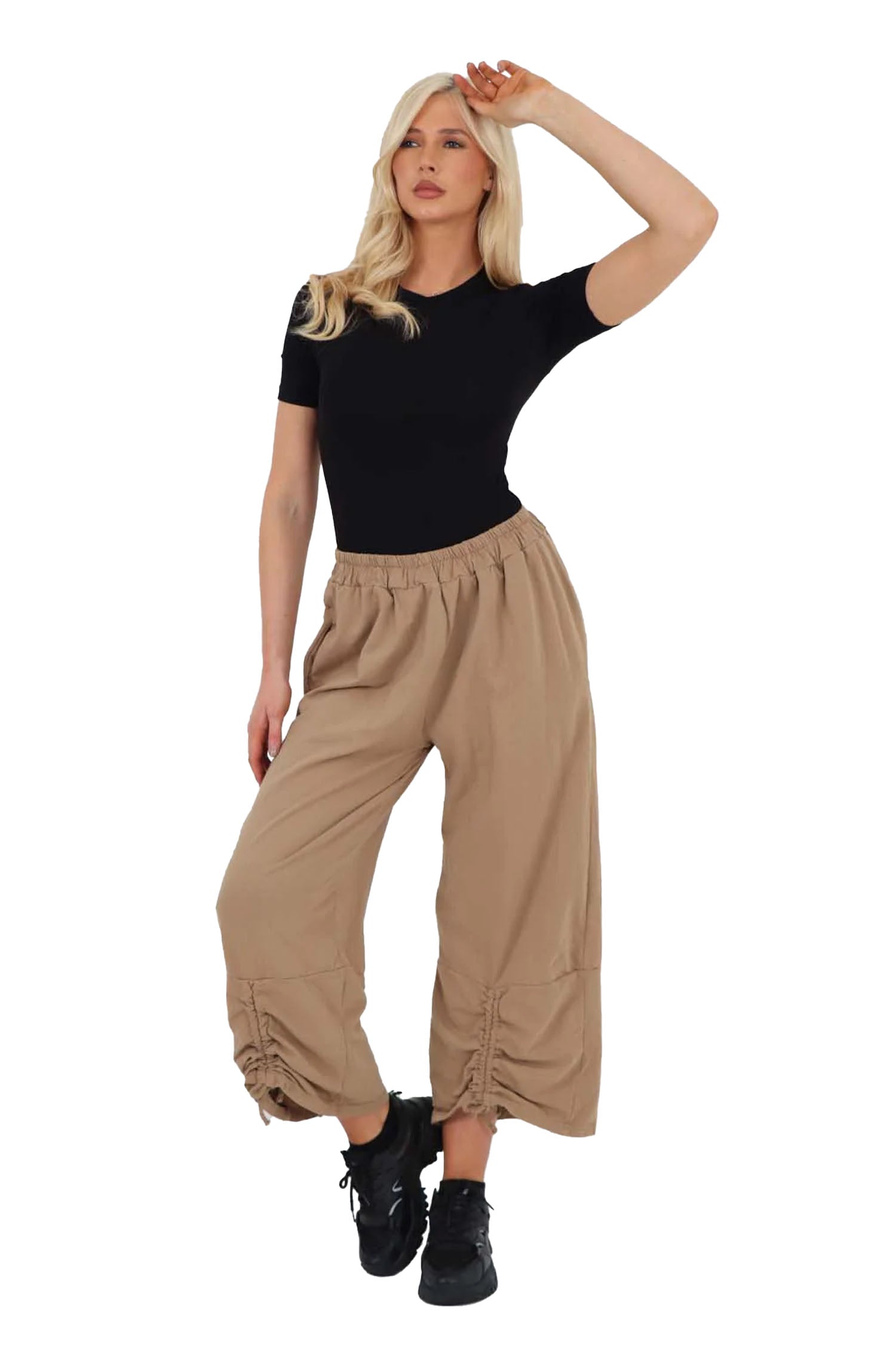 Italian Drawstring Hem Cotton Trousers With Side Pockets - Beige