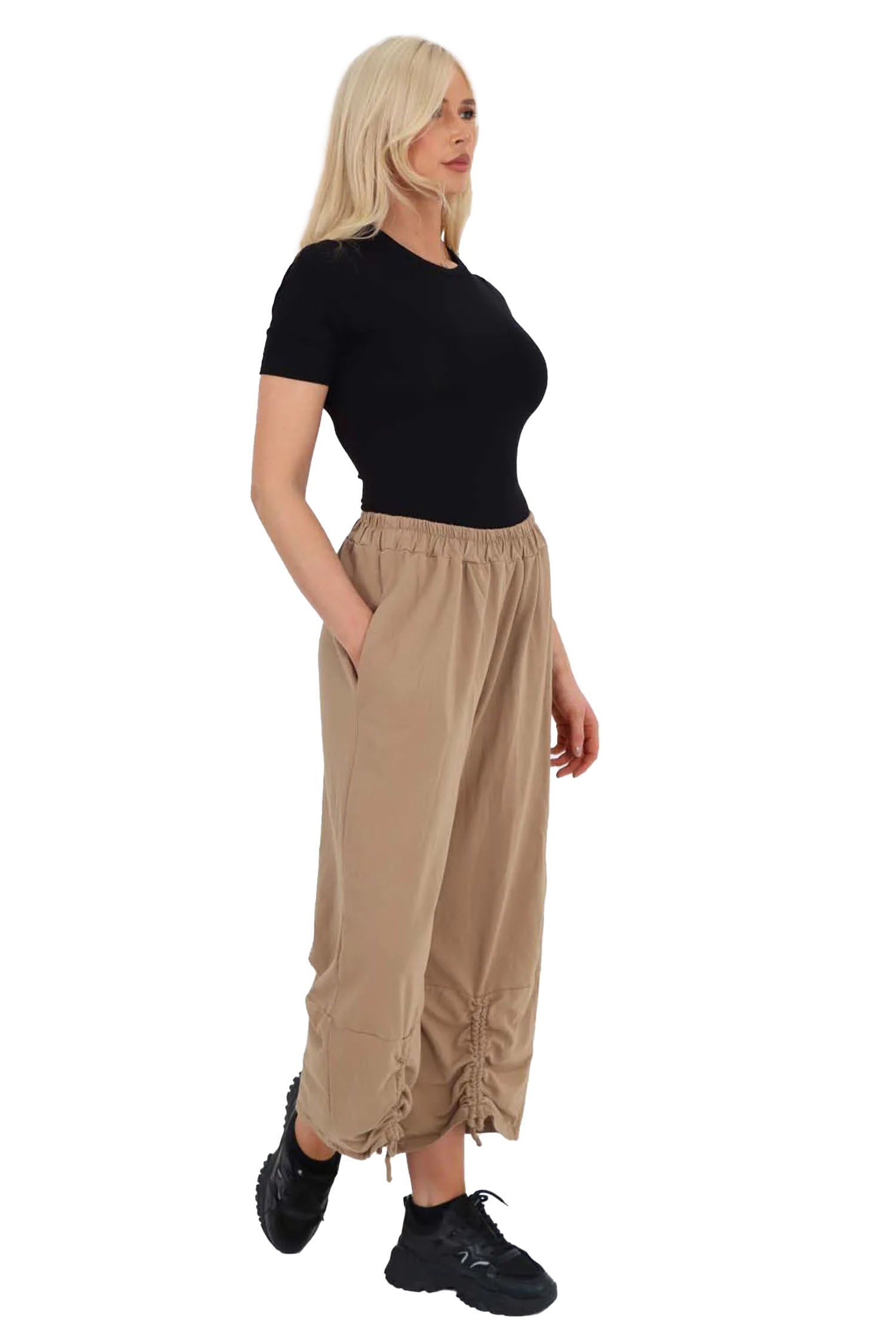 Italian Drawstring Hem Cotton Trousers With Side Pockets - Beige