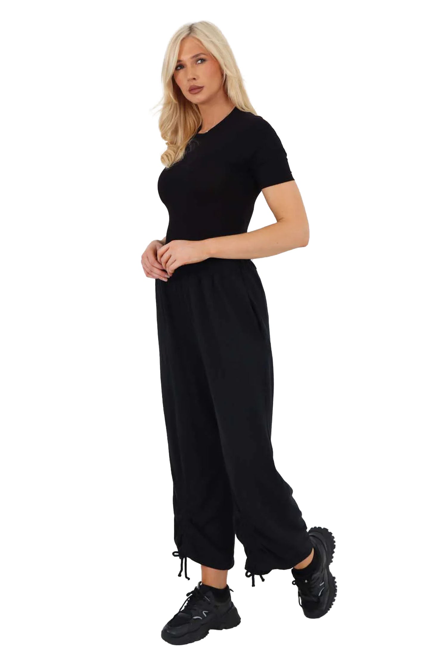 Italian Drawstring Hem Cotton Trousers With Side Pockets - Black