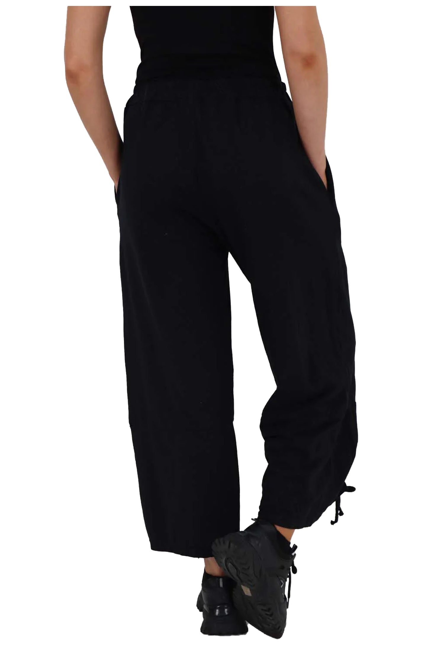 Italian Drawstring Hem Cotton Trousers With Side Pockets - Black