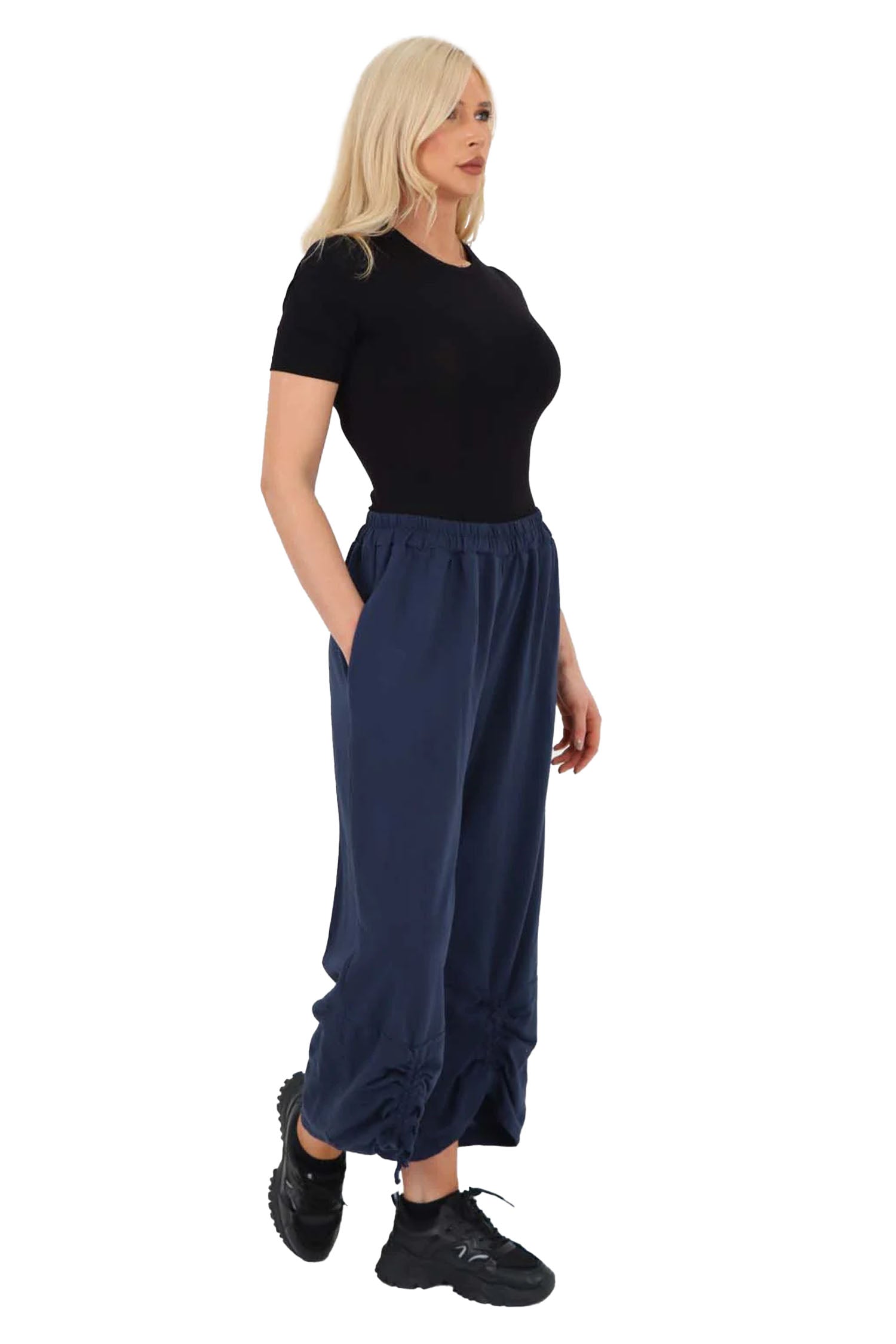 Italian Drawstring Hem Cotton Trousers With Side Pockets - Blue