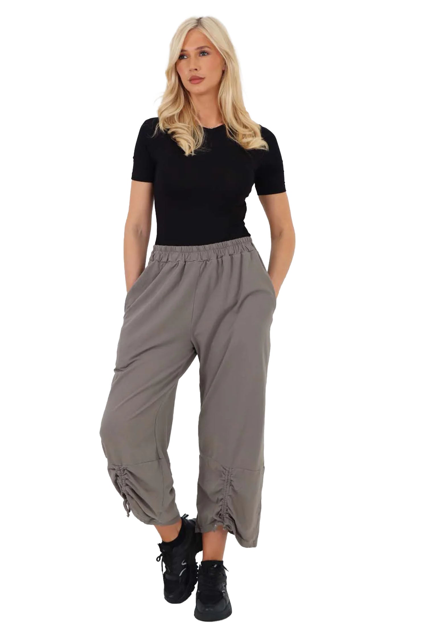 Italian Drawstring Hem Cotton Trousers With Side Pockets - Charcoal