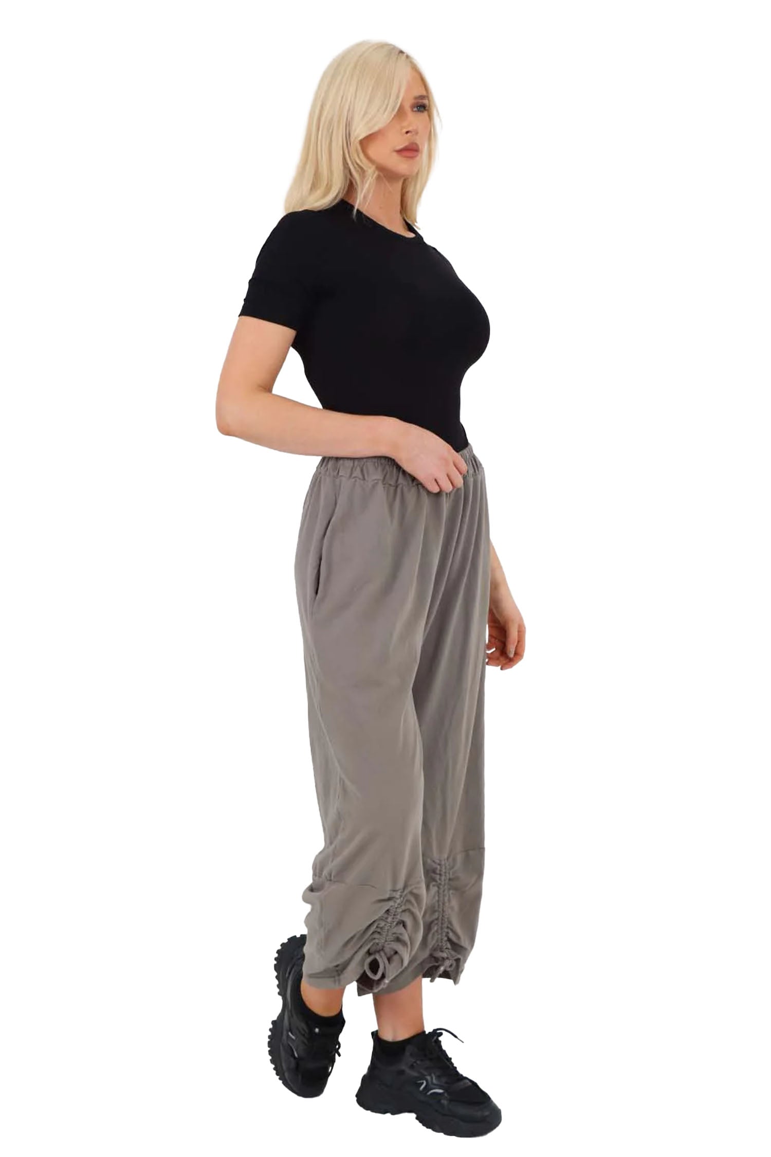 Italian Drawstring Hem Cotton Trousers With Side Pockets - Charcoal