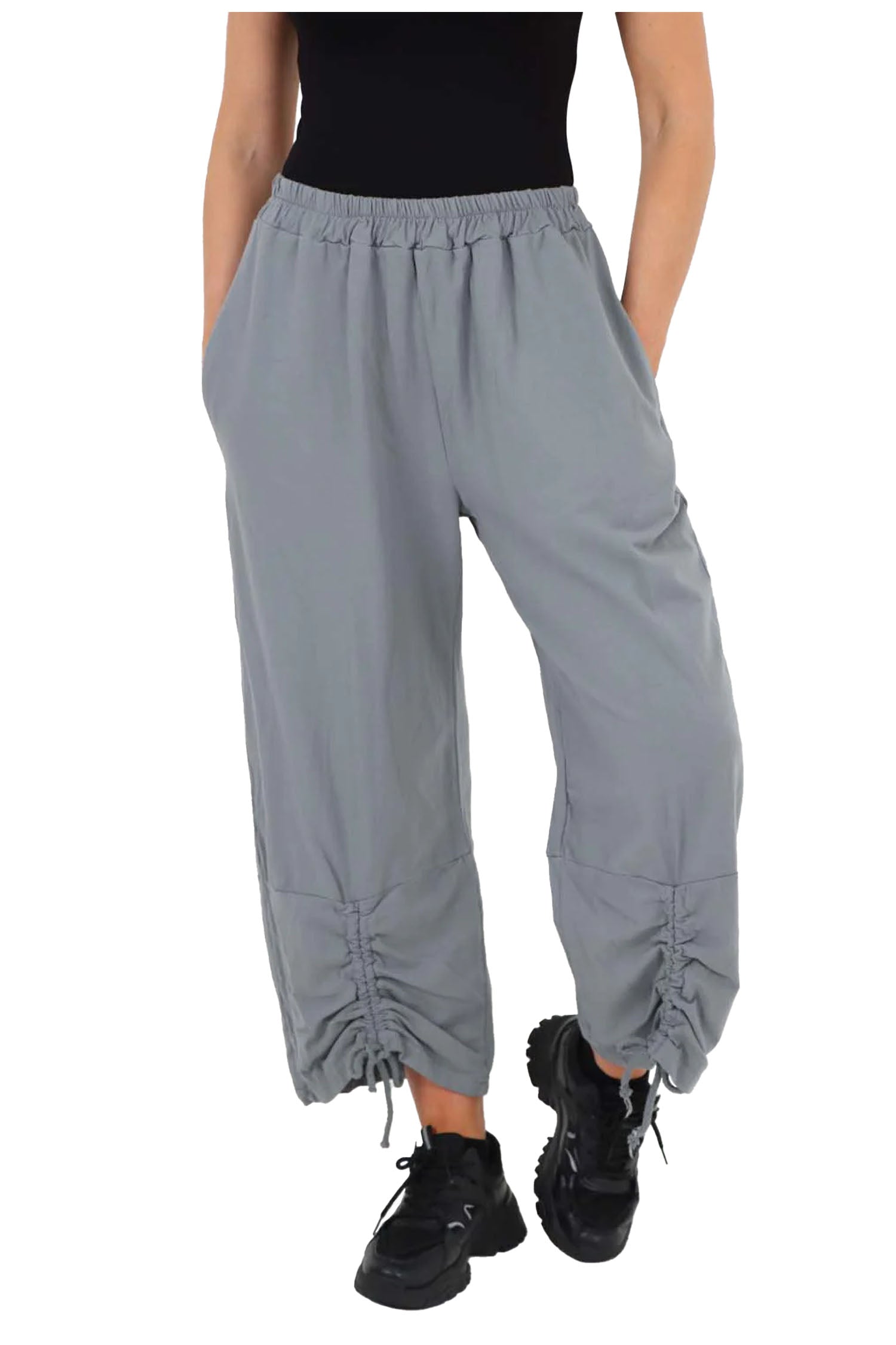 Italian Drawstring Hem Cotton Trousers With Side Pockets - Dark Grey