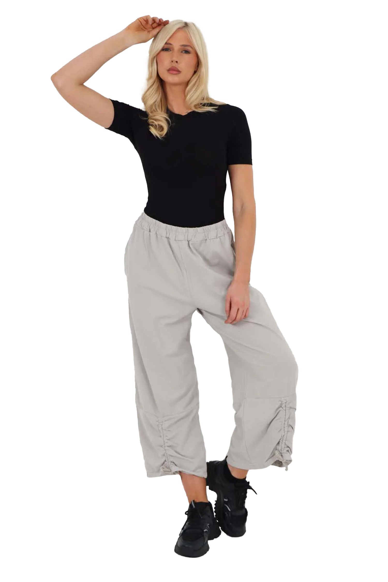 Italian Drawstring Hem Cotton Trousers With Side Pockets - Grey