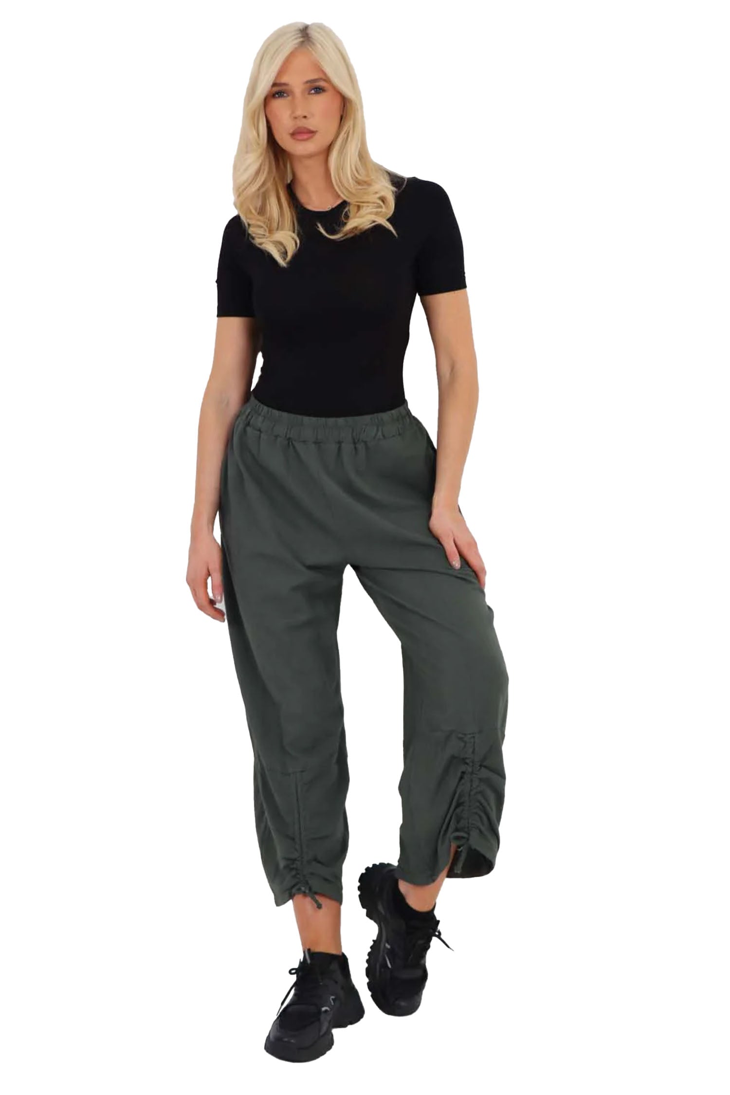 Italian Drawstring Hem Cotton Trousers With Side Pockets - Khaki