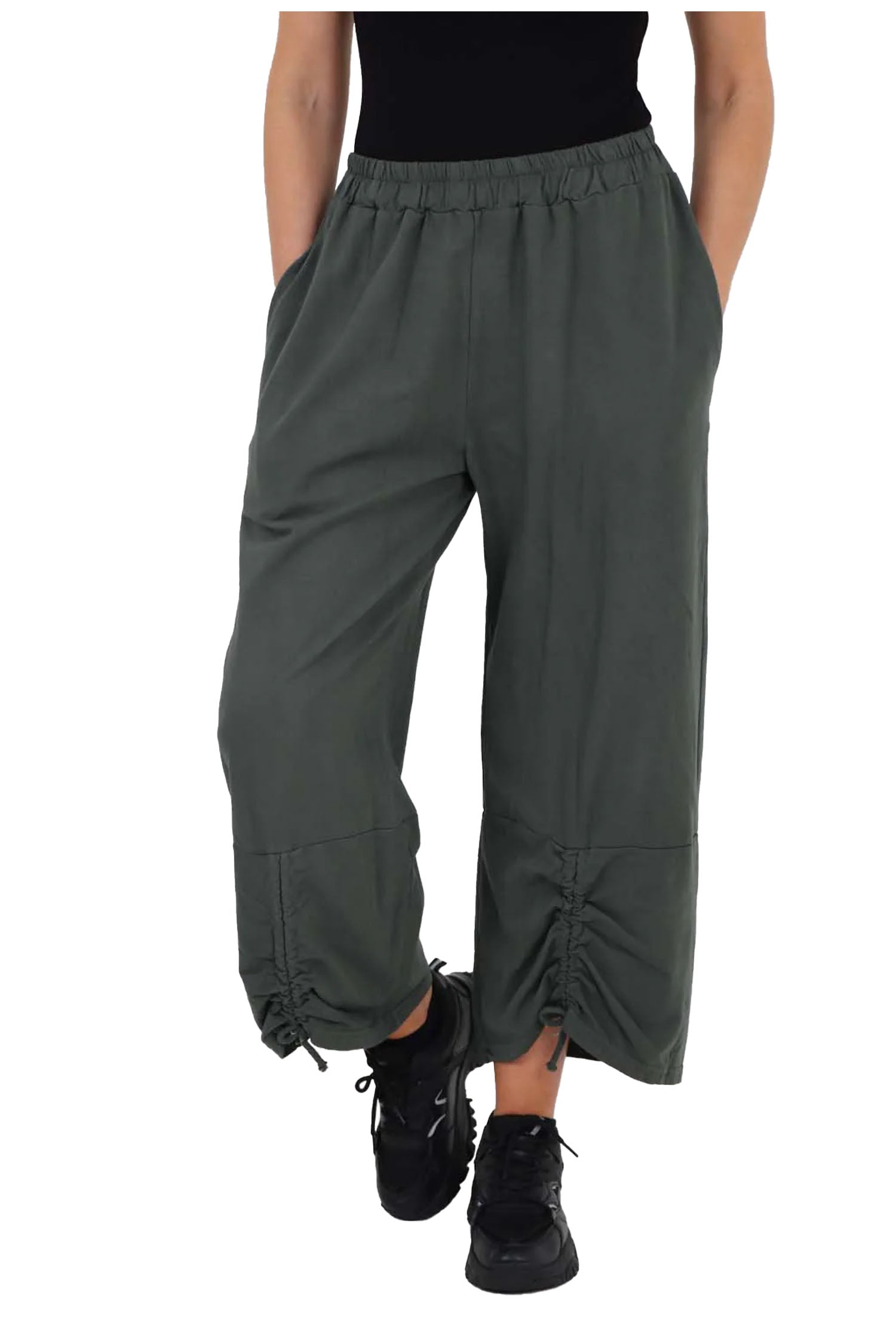 Italian Drawstring Hem Cotton Trousers With Side Pockets - Khaki