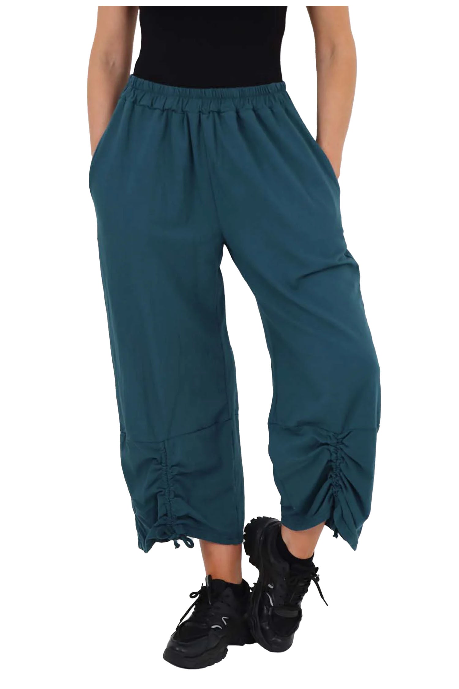 Italian Drawstring Hem Cotton Trousers With Side Pockets - Zinc