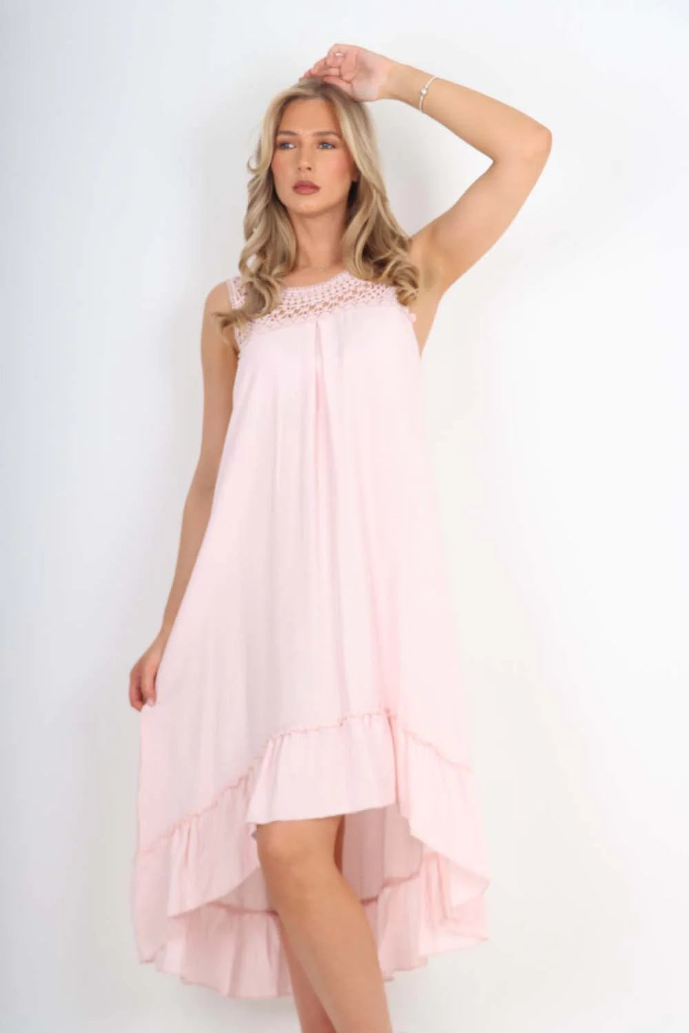 Italian Lace Neckline Dipped Hem Dress - Baby Pink