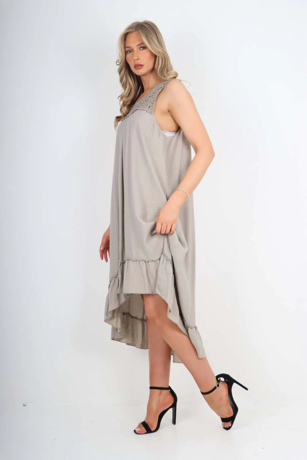 Italian Lace Neckline Dipped Hem Dress - Charcoal