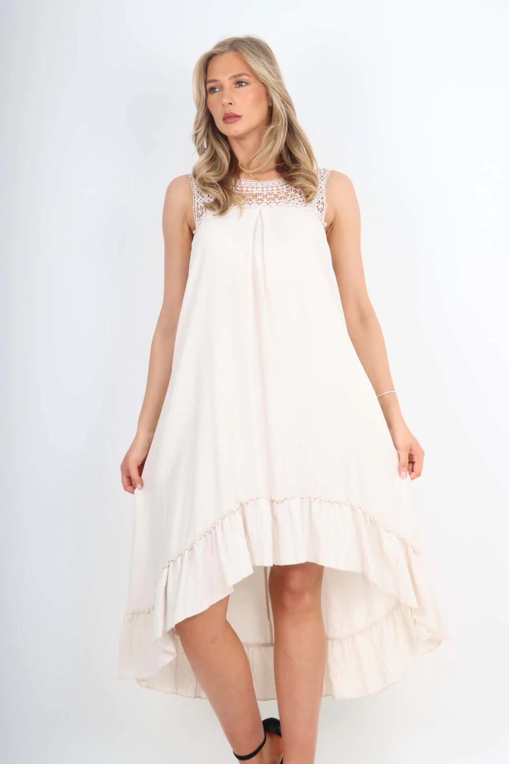 Italian Lace Neckline Dipped Hem Dress - Cream