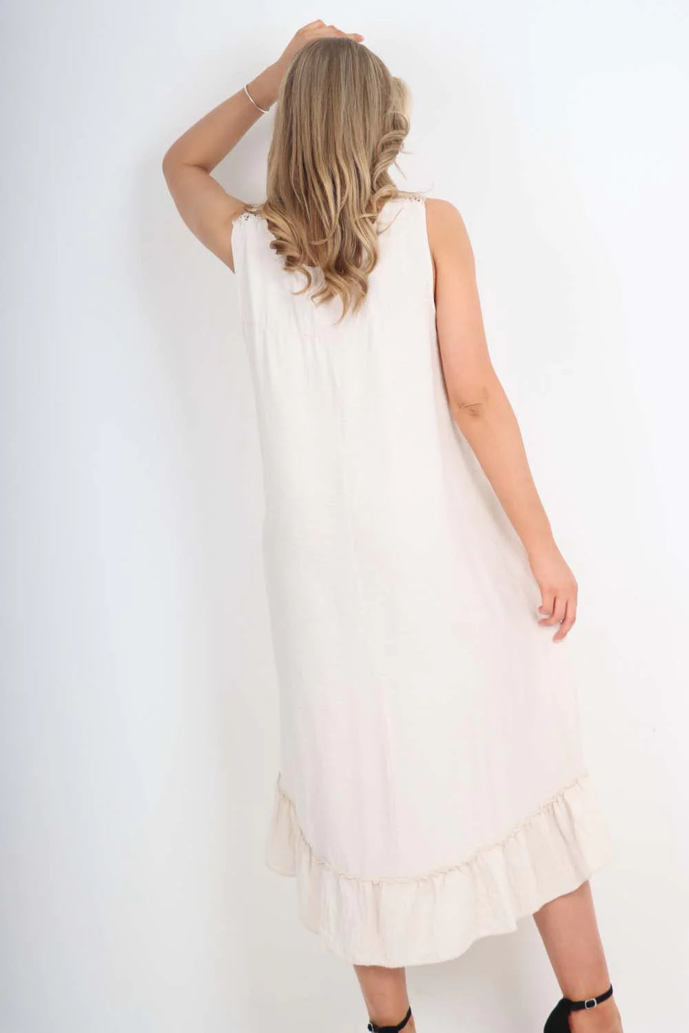 Italian Lace Neckline Dipped Hem Dress - Cream