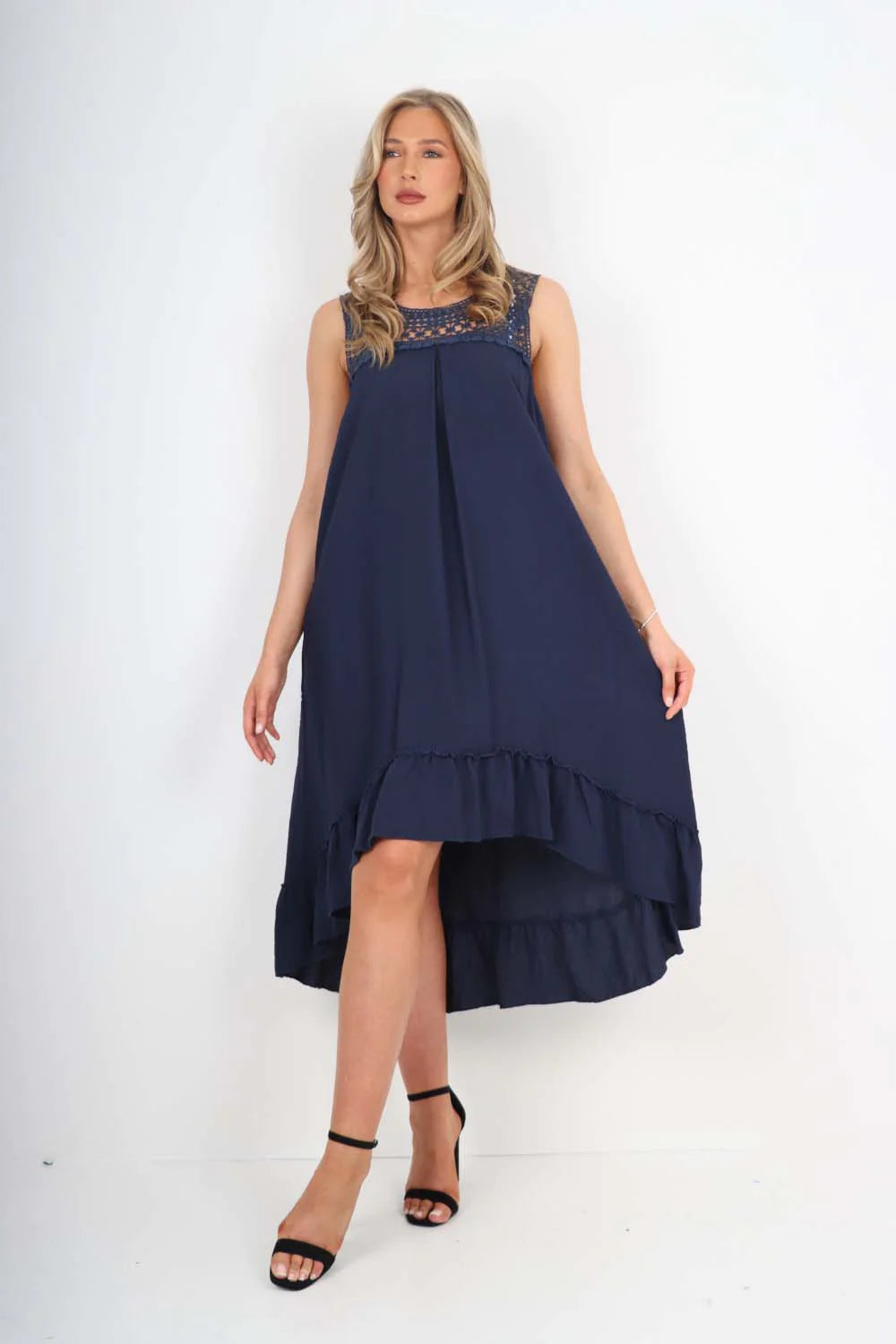 Italian Lace Neckline Dipped Hem Dress - Denim Blue