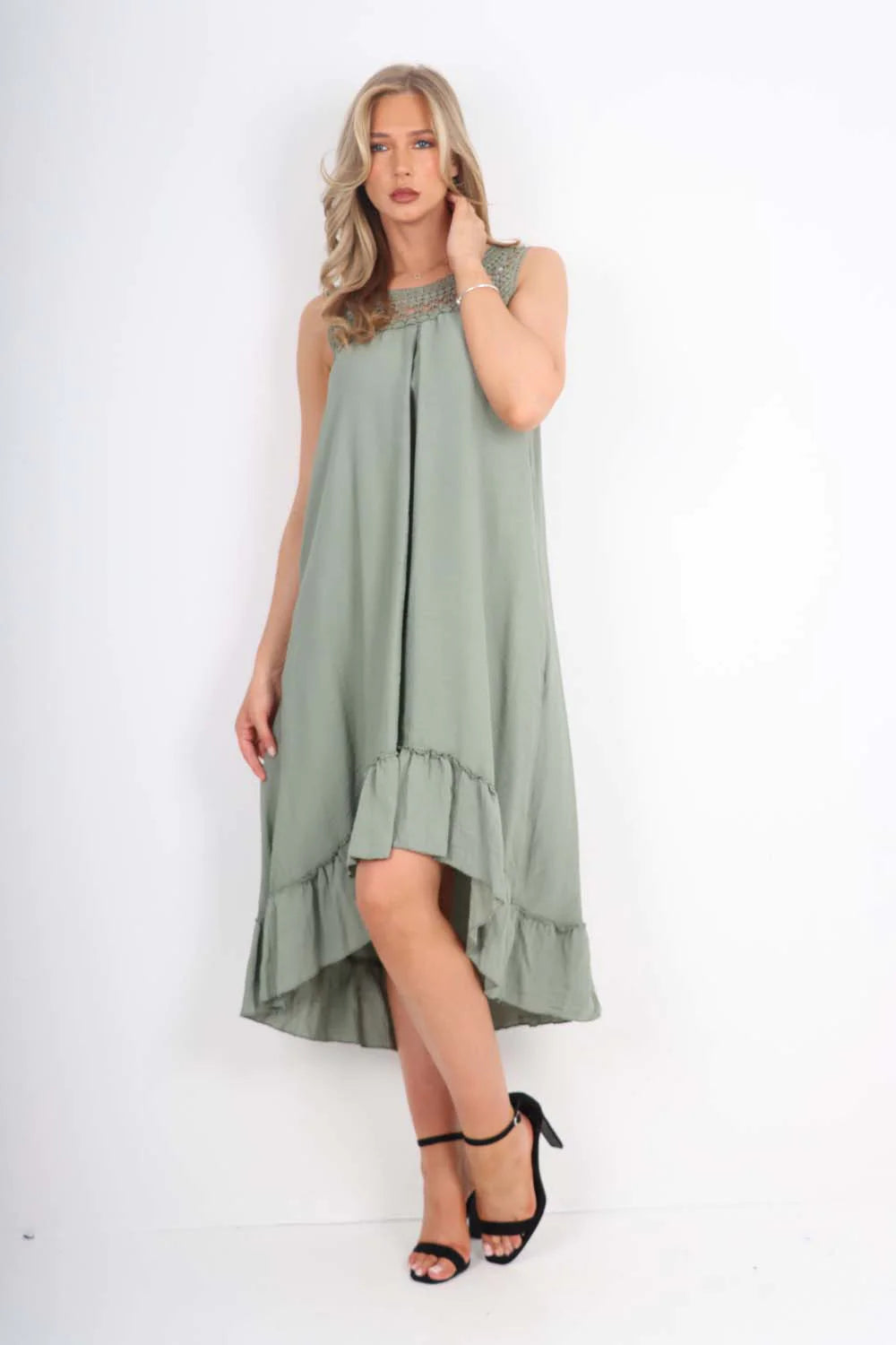 Italian Lace Neckline Dipped Hem Dress - Khaki