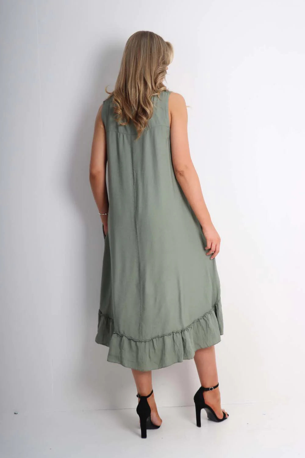 Italian Lace Neckline Dipped Hem Dress - Khaki