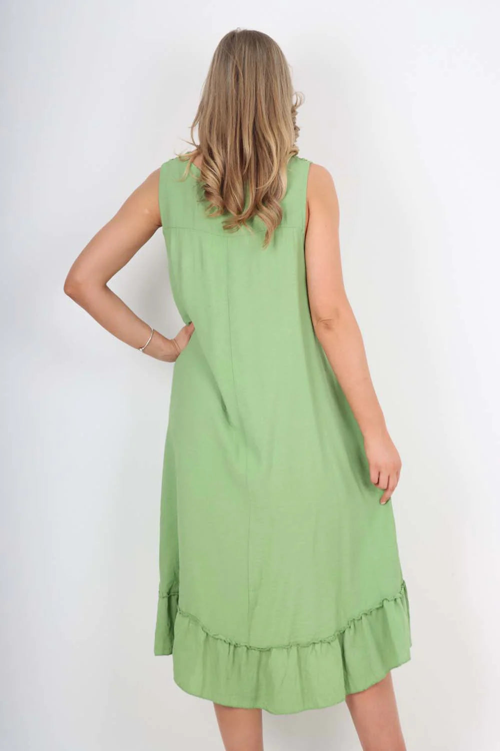 Italian Lace Neckline Dipped Hem Dress - Mint Green