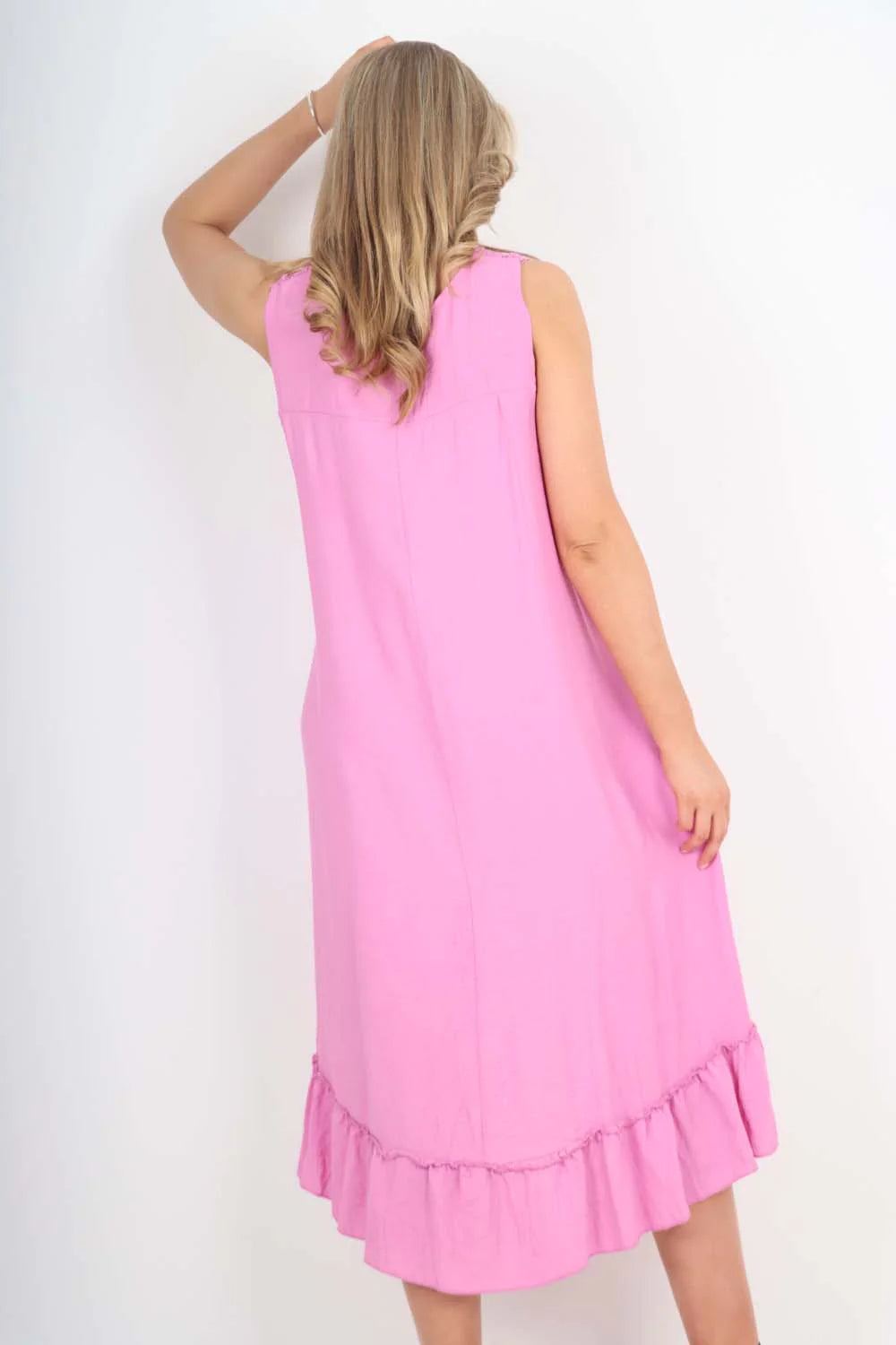 Italian Lace Neckline Dipped Hem Dress - Pink