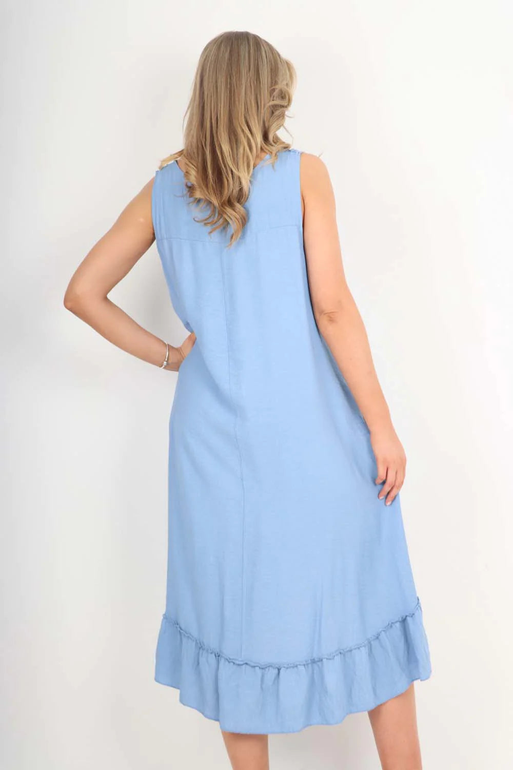 Italian Lace Neckline Dipped Hem Dress - Sky Blue