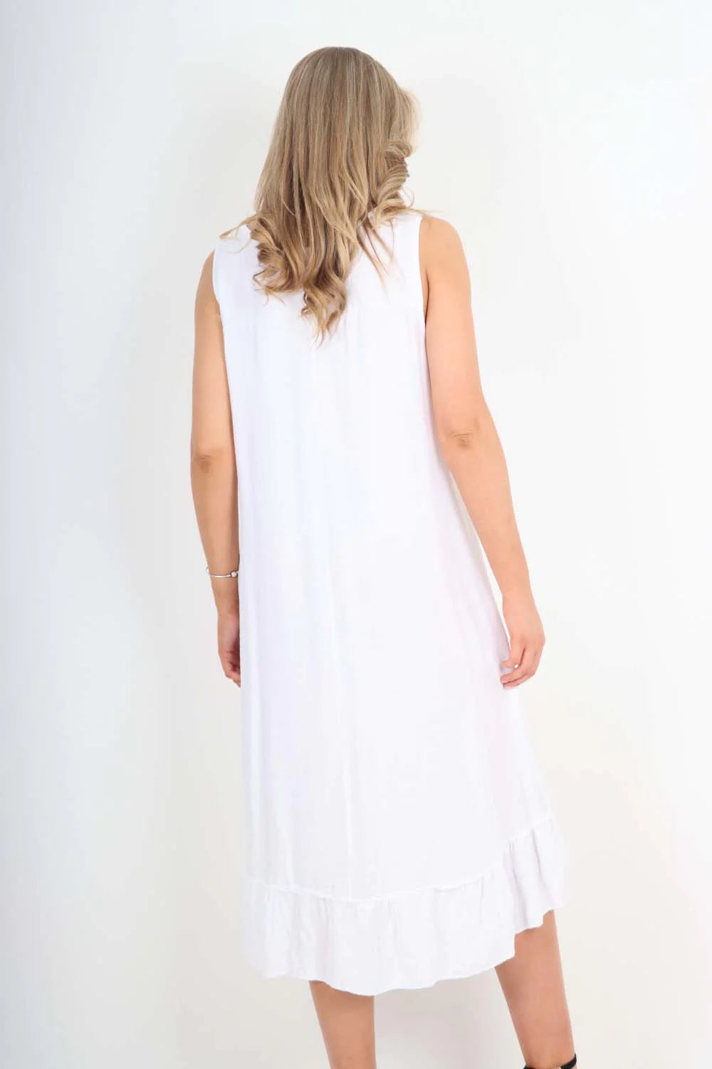 Italian Lace Neckline Dipped Hem Dress - White