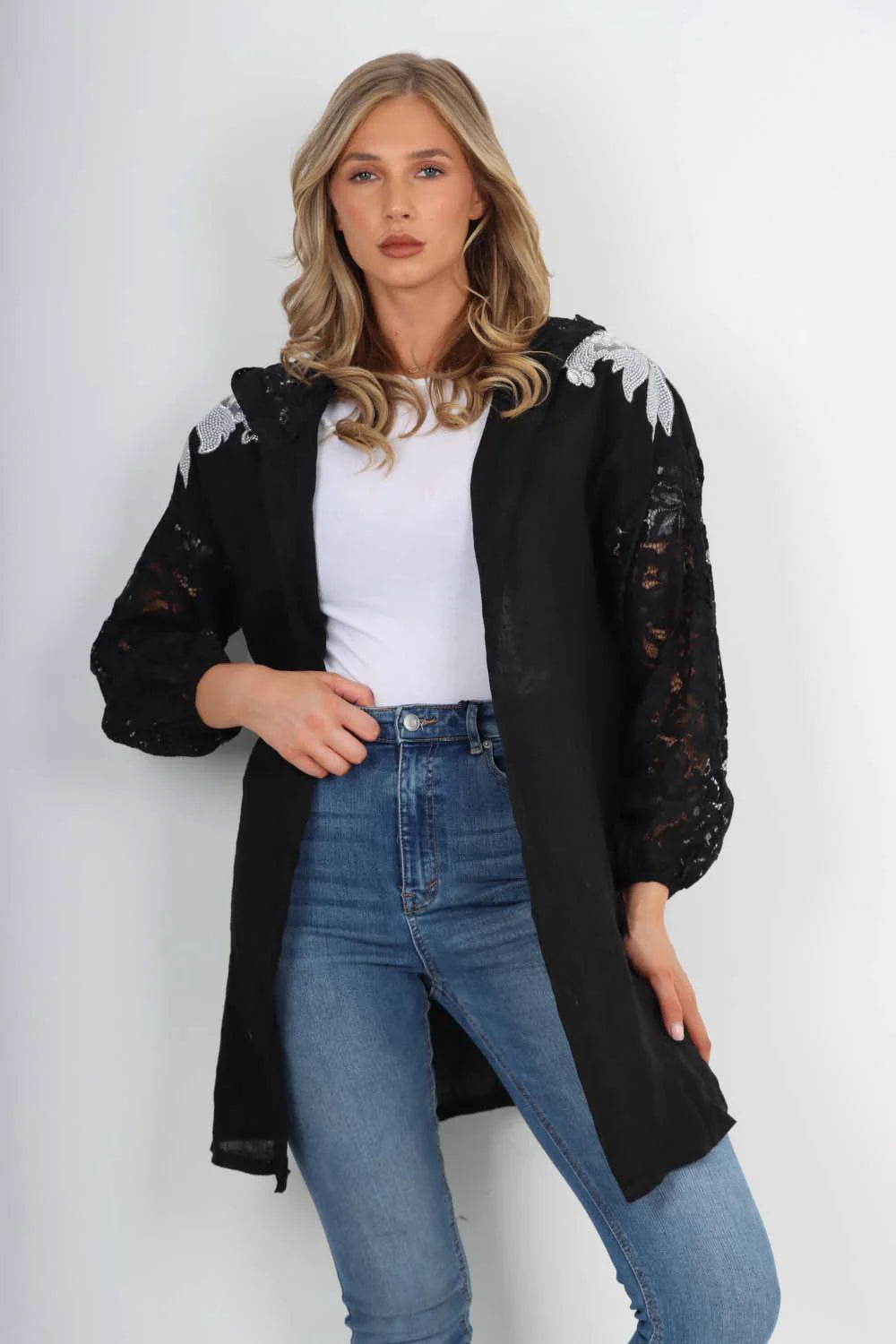 Italian Lace Sleeve Hooded Long Cardigan - Black